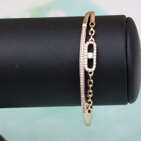 Elegant Chain Link Rose Gold Bangle with Pave Stone Center, XPBL0446 - Picture 7 of 11